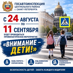 ️С 24 августа по 11 сентября 2026 года на территории Центрального района г. Санкт-Петербурга пройдет профилактическое мероприятие &laquo;Внимание-дети!&raquo;